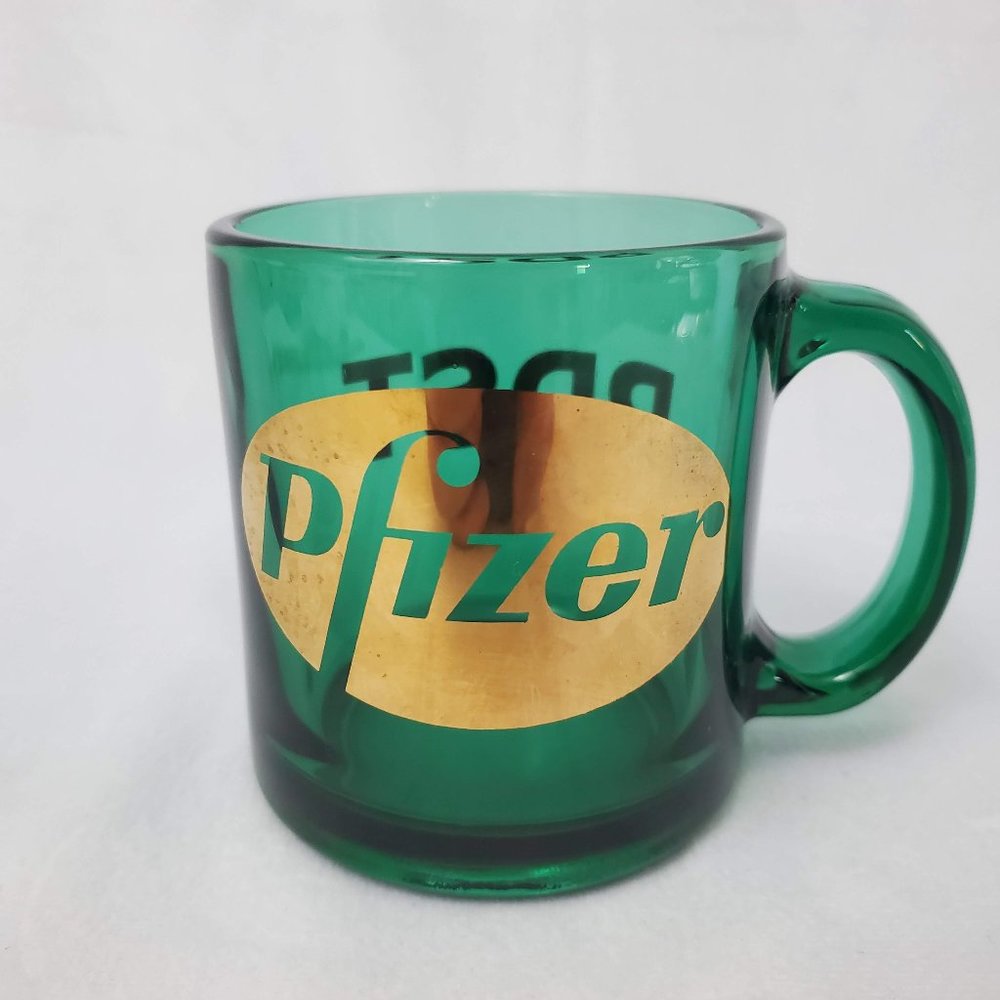 Pfizer PDST Green Glass & Gold Mug Coffee Cup Made in USA 12 ounces